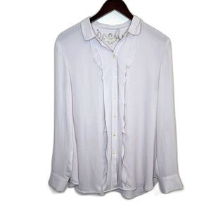 Loft Light Gray Long Sleeve Button Up Ruffle Sheer Top Size Medium